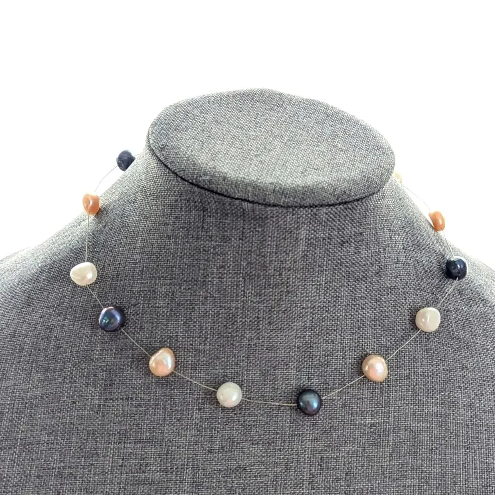 Vintage Large Pearl Memory Wire Sterling Silver Clasp Delicate Coastal Necklace